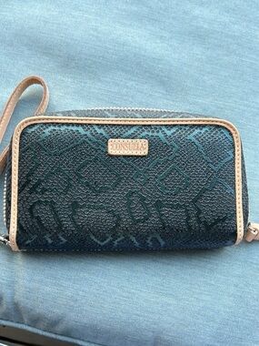 Consuela Teal Snake-Print Wristlet with Tan Trim